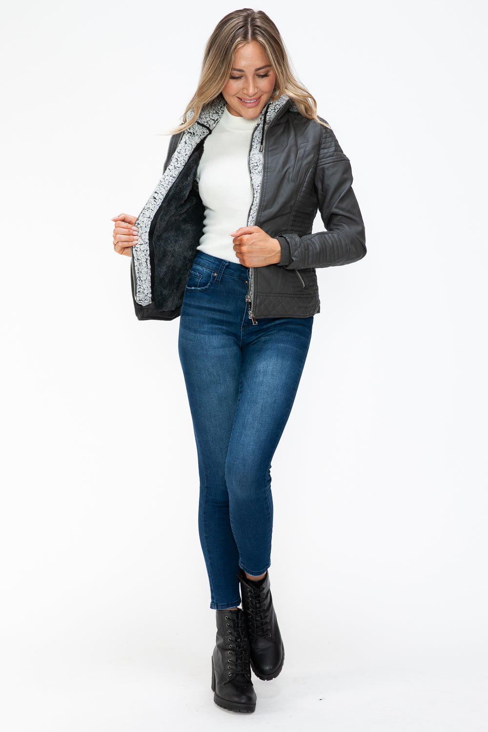 Outfit Flow - YMI Faux Layered Double-Zipper Jacket with Fuzzy Hood