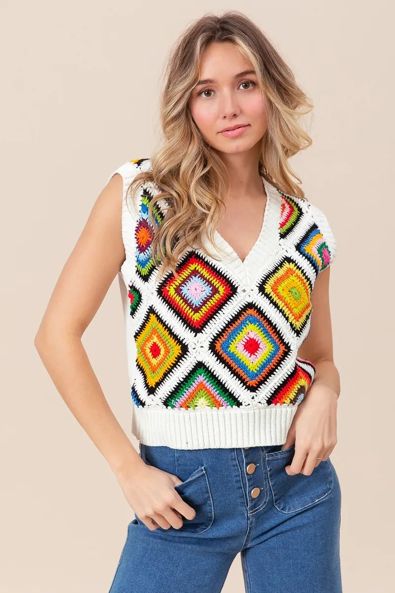 BiBi Diamond Granny Square Sweater Vest OutfitFlow
