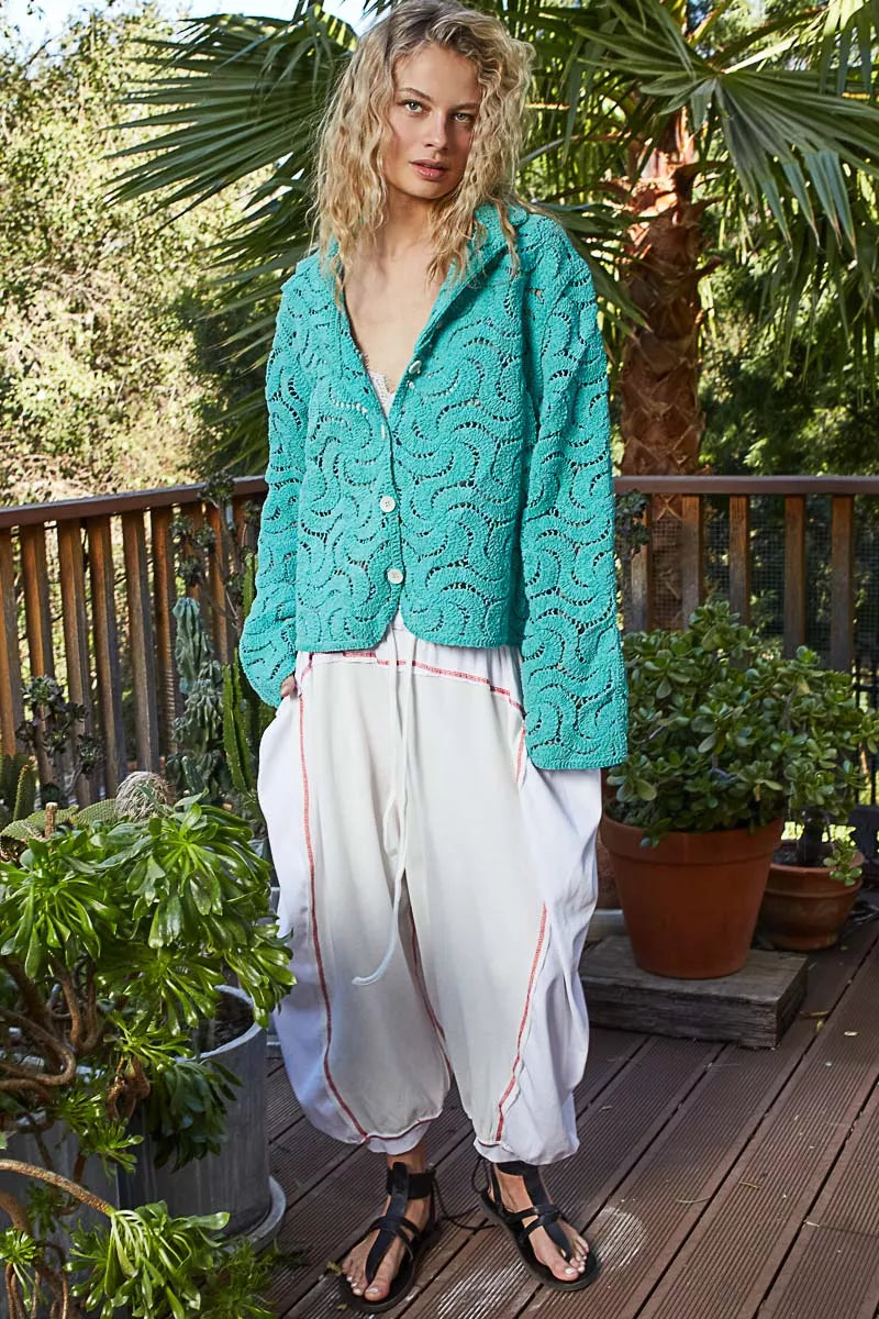 POL Button Down Crochet Openwork Shirt OutfitFlow