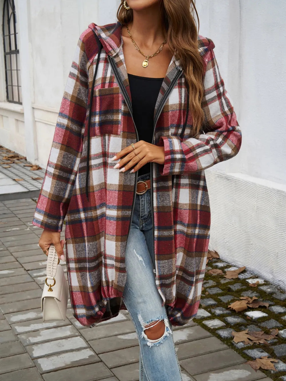 Devine Plaid Zip Up Hooded Coat Scarlet Trendsi