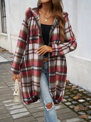 Devine Plaid Zip Up Hooded Coat Scarlet Trendsi