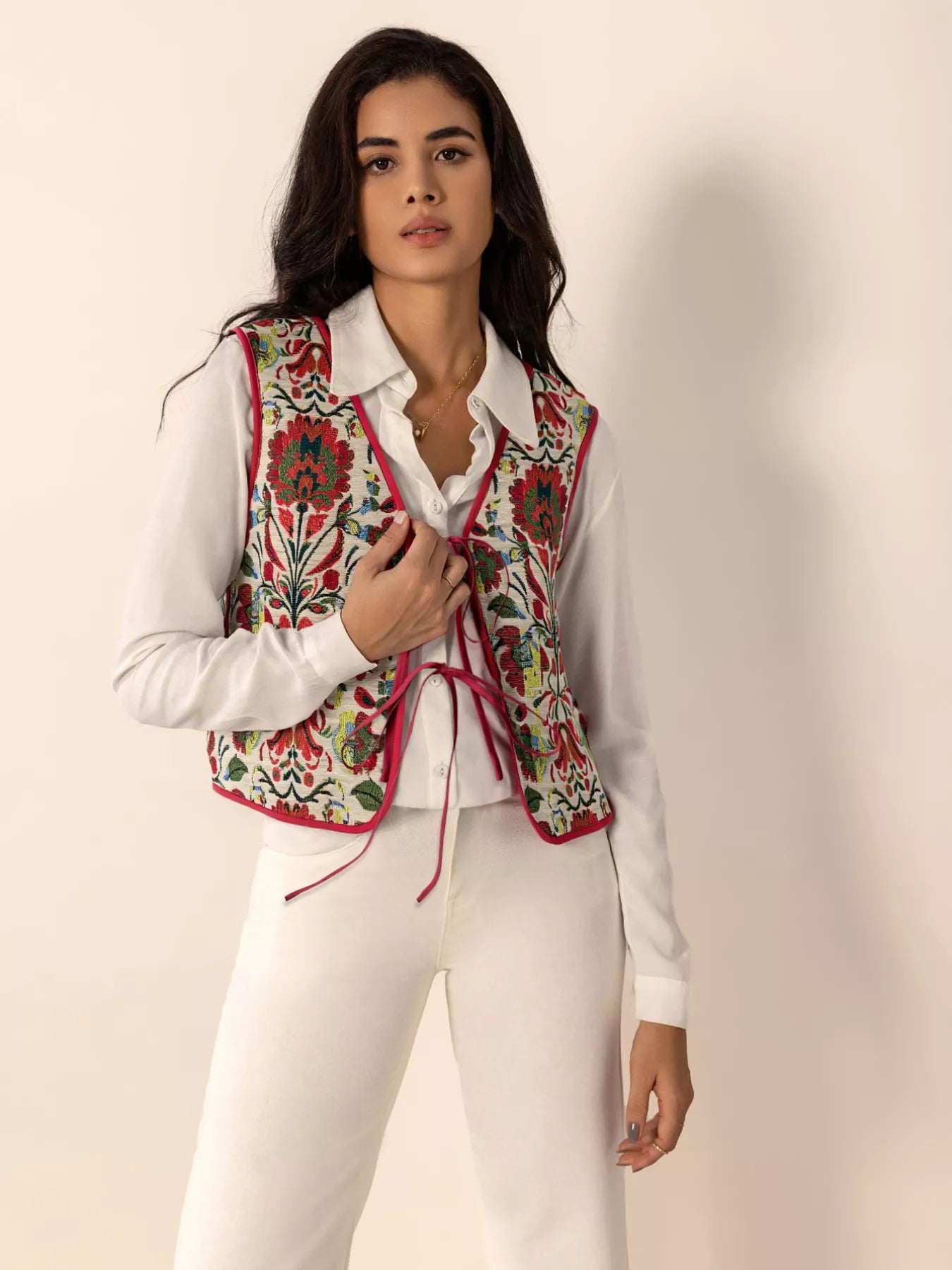 Floral Embroidered Tie-Front Vest Coat OutfitFlow