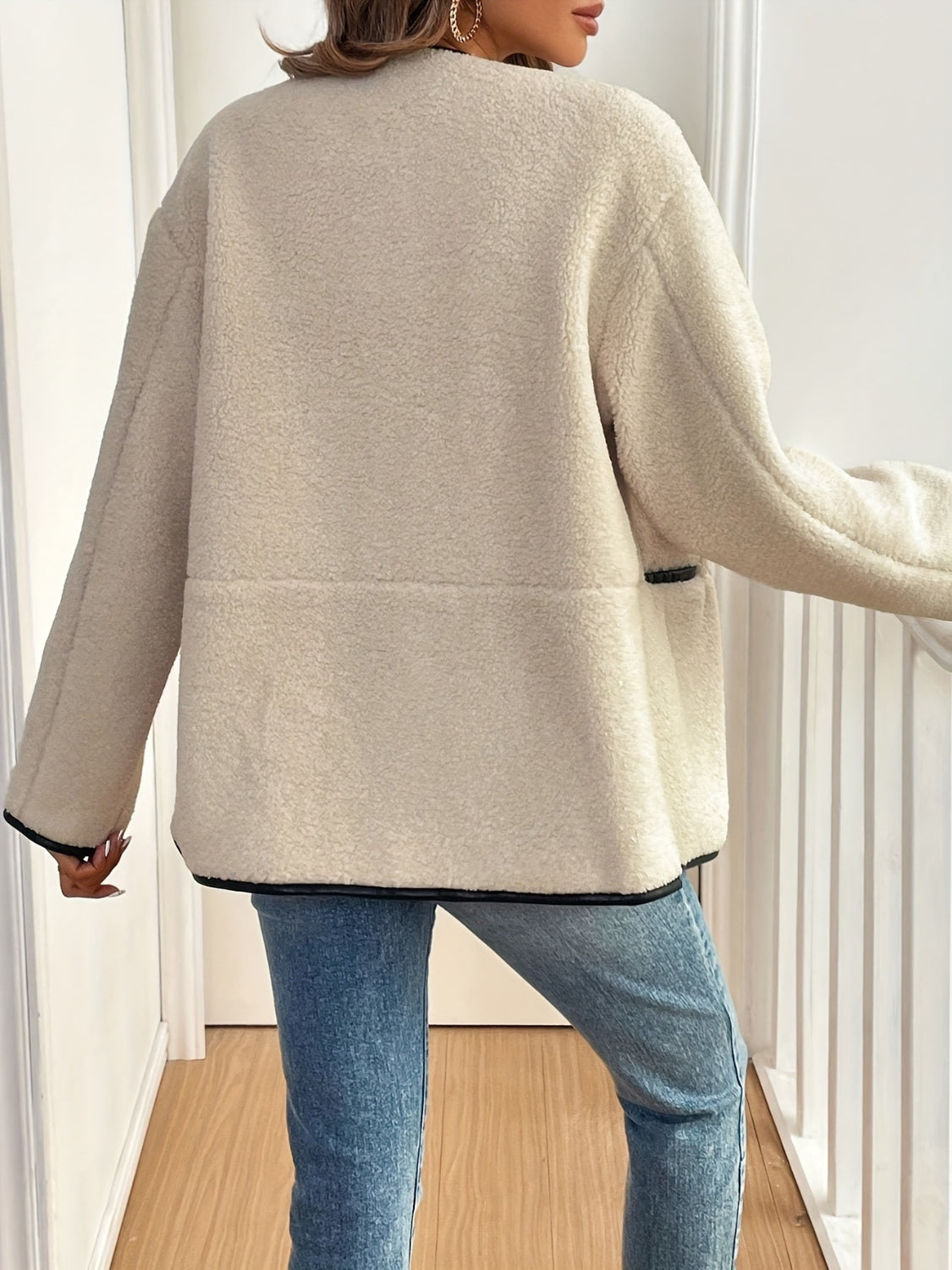 Outfit Flow - Contrast Trim Drop Shoulder Plush Coat