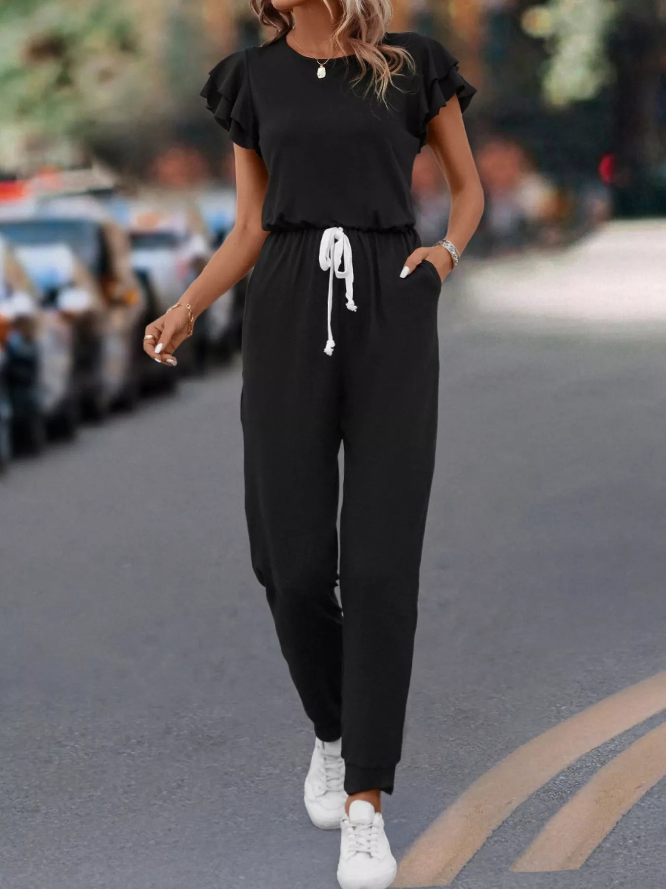 Ruffle Sleeve Drawstring Waist Casual Jumpsuit OutfitFlow