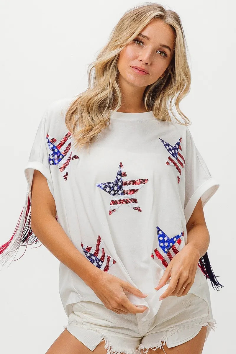 BiBi American Flag Sequin Star Fringe Top OutfitFlow