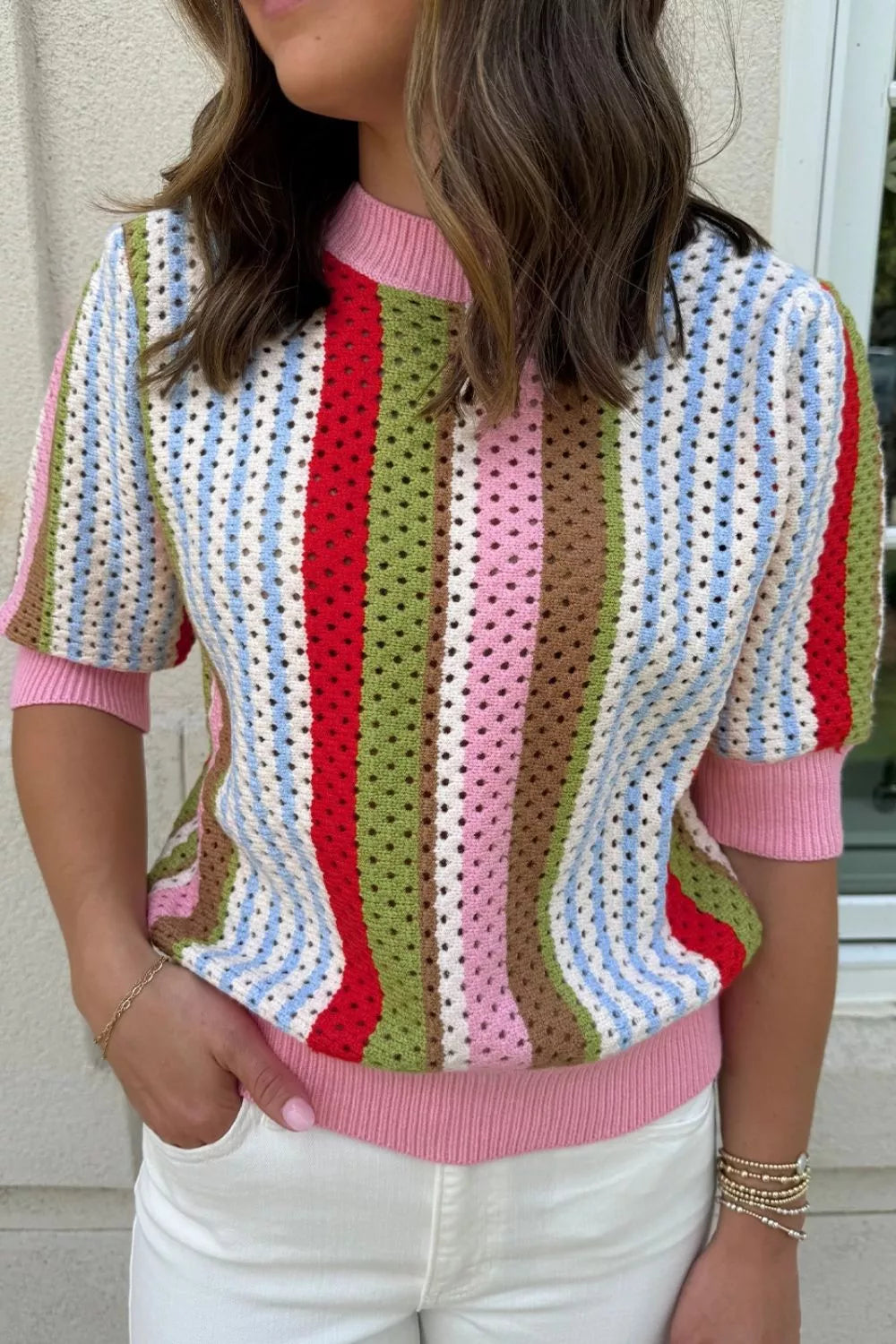 Color Block Short Sleeve Striped Crochet Knit Top OutfitFlow