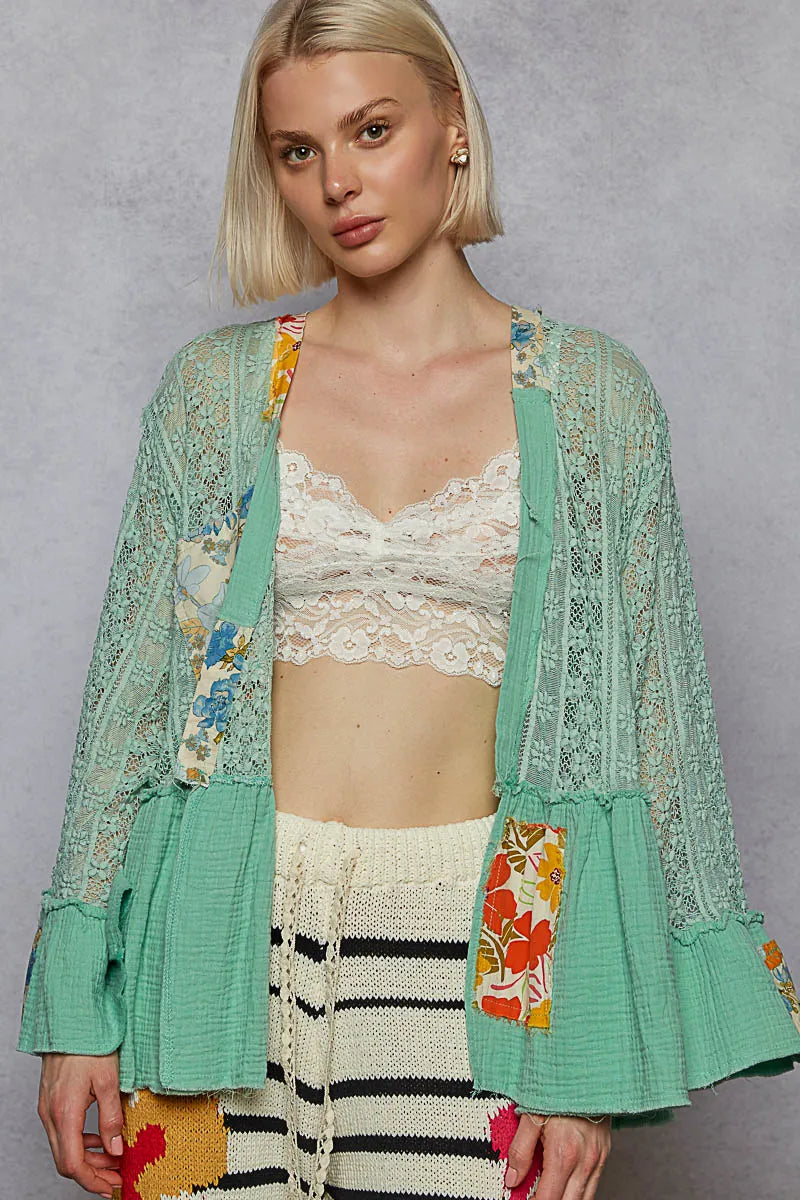 POL Lace Ruffled Hem Open Front Cardigan OutfitFlow