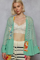 POL Lace Ruffled Hem Open Front Cardigan OutfitFlow