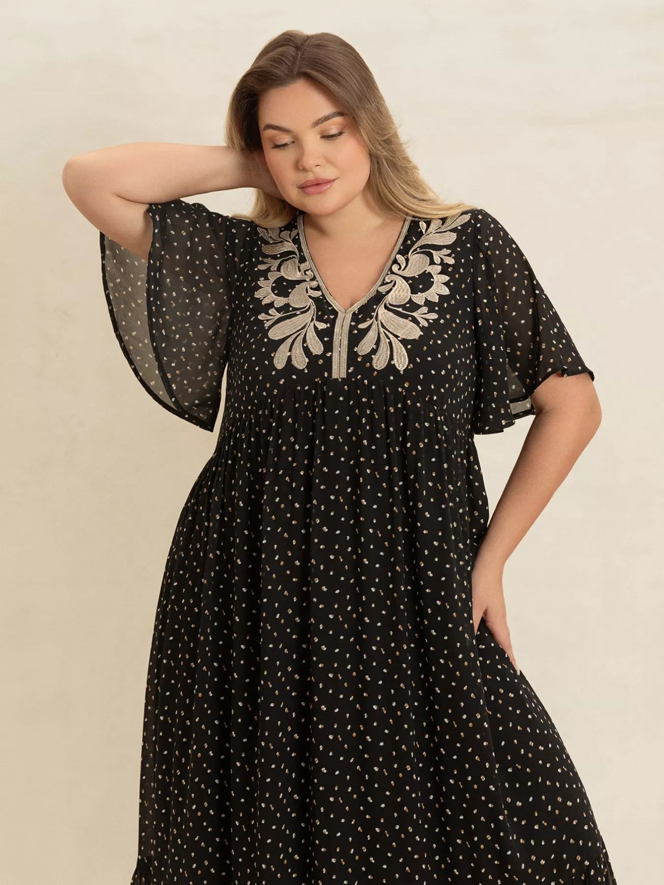 Plus Size Printed V-Neck Flutter Sleeve Maxi Dress OutfitFlow