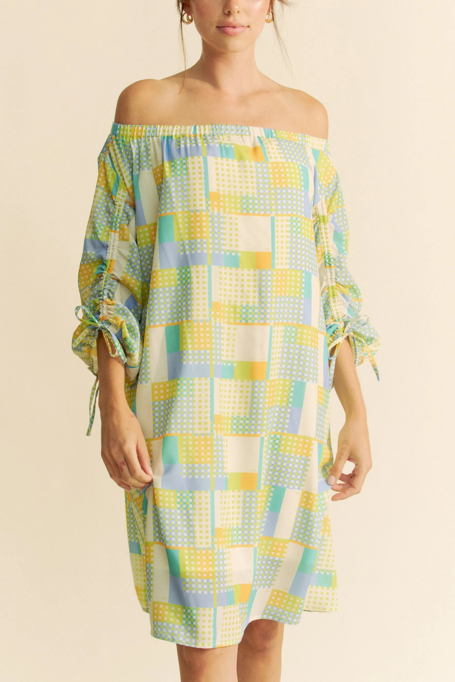 Davi & Dani Printed Off Shoulder Drawstring Sleeve Mini Dress OutfitFlow