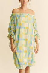 Davi & Dani Printed Off Shoulder Drawstring Sleeve Mini Dress OutfitFlow