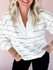 Striped Quarter Zip Sweatshirt with Relaxed Fit White OutfitFlow