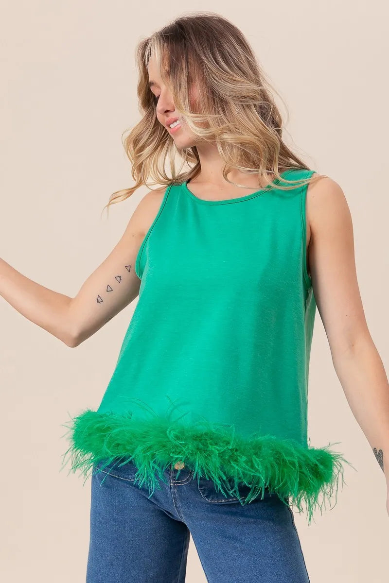 BiBi French Terry Faux Feather Bottom Back Tied Top OutfitFlow