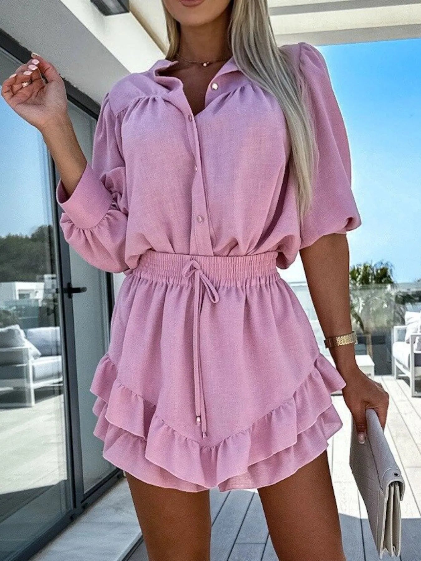 Button Up Top and Ruffled Skirt Set OutfitFlow