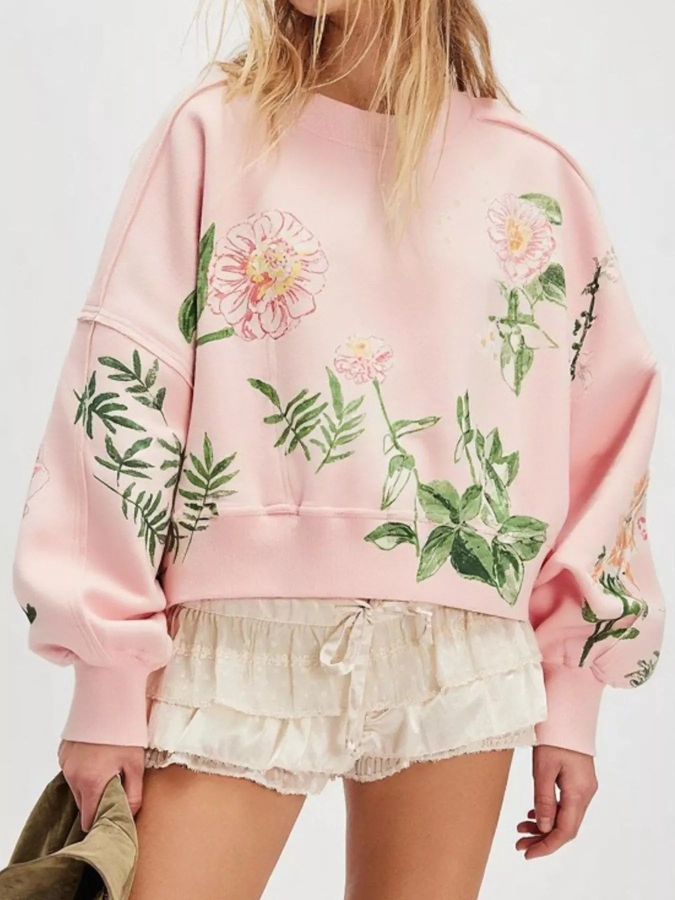 Printed Round Neck Dropped Shoulder Sweatshirt Pink OutfitFlow
