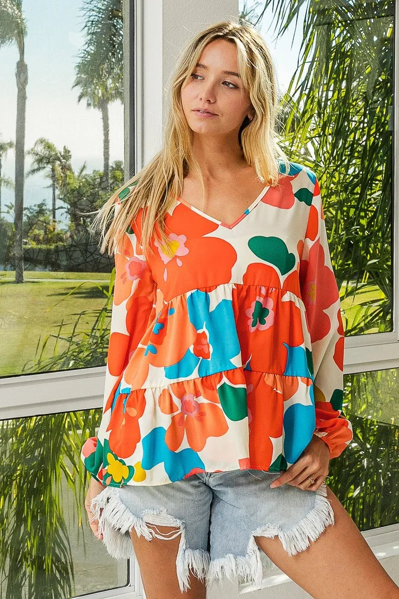 BiBi Floral Woven Tiered V Neck Top Trendsi