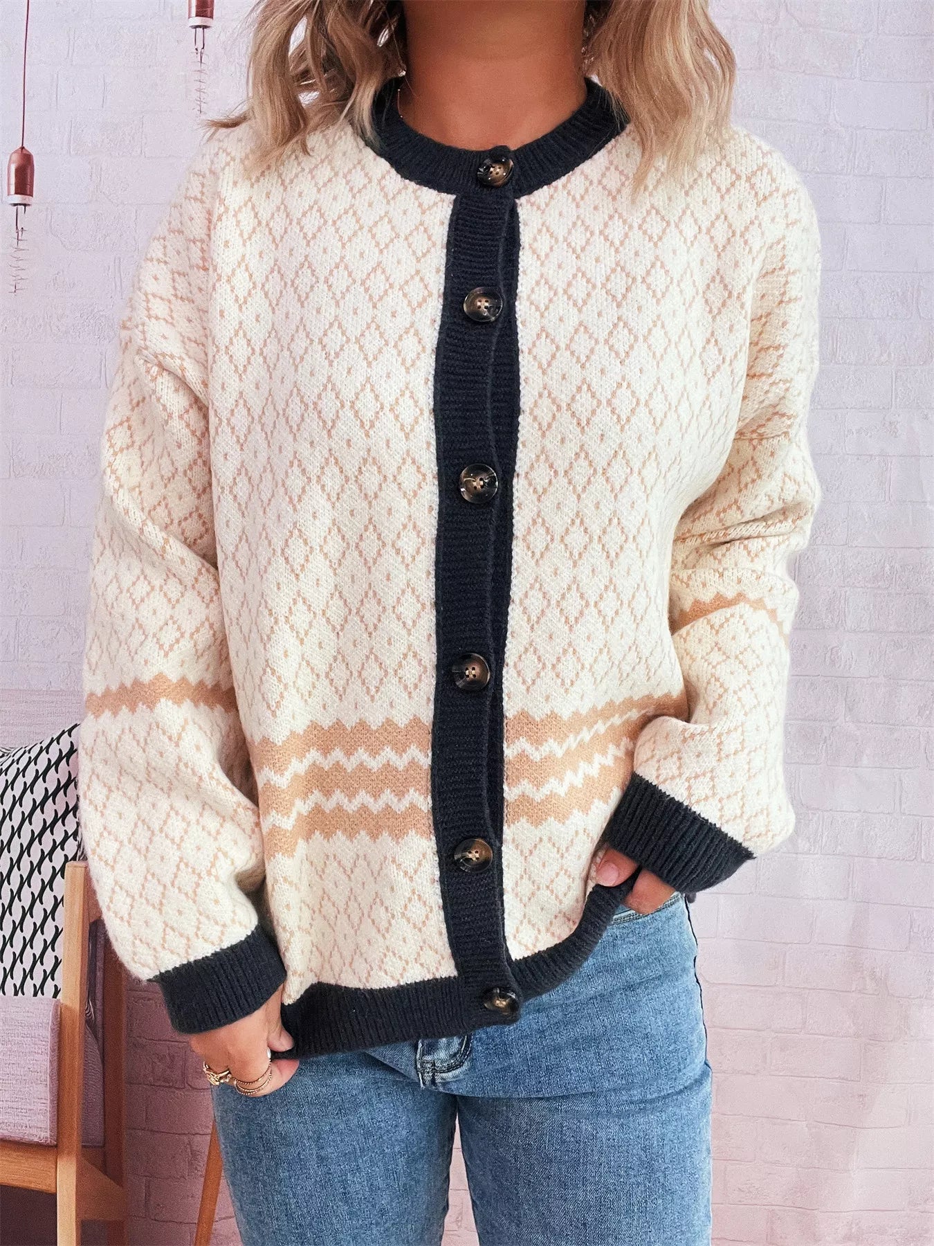 Geometric Pattern Button Up Cardigan OutfitFlow