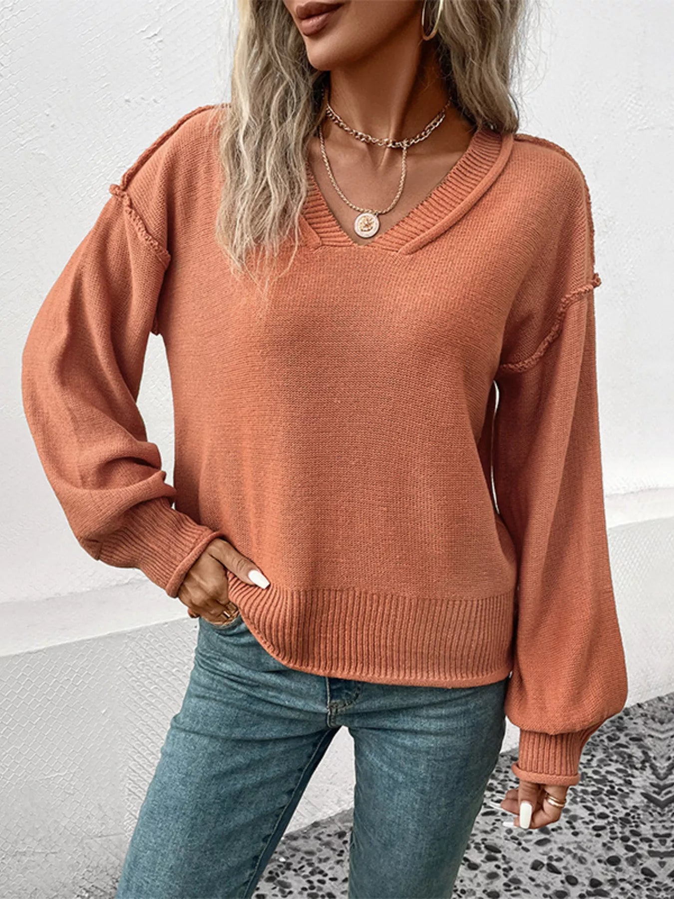 V-Neck Dropped Shoulder Sweater Trendsi