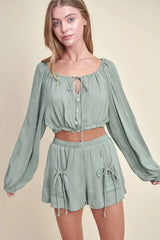 MABLE Gauze Long Sleeve Button Crop Top and Short Set OutfitFlow