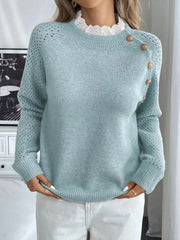 Lace Trim Button Detail Openwork Long Sleeve Sweater Pastel Blue OutfitFlow