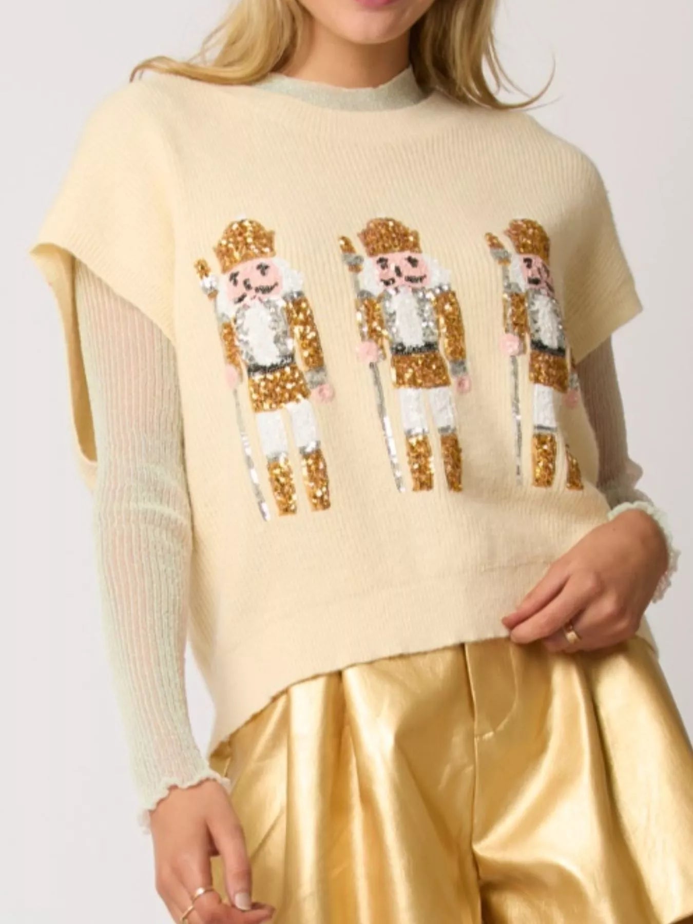 Christmas Sequin Round Neck Sweater Vest OutfitFlow
