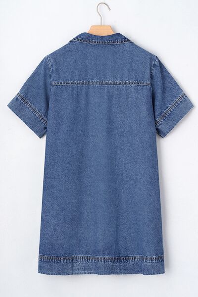 Short Sleeve Collared Patched Pocket Denim Mini Dress OutfitFlow