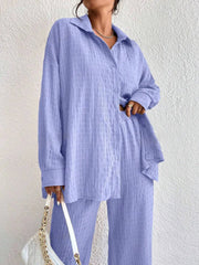 Button Up Long Sleeve Shirt and Pants Set OutfitFlow