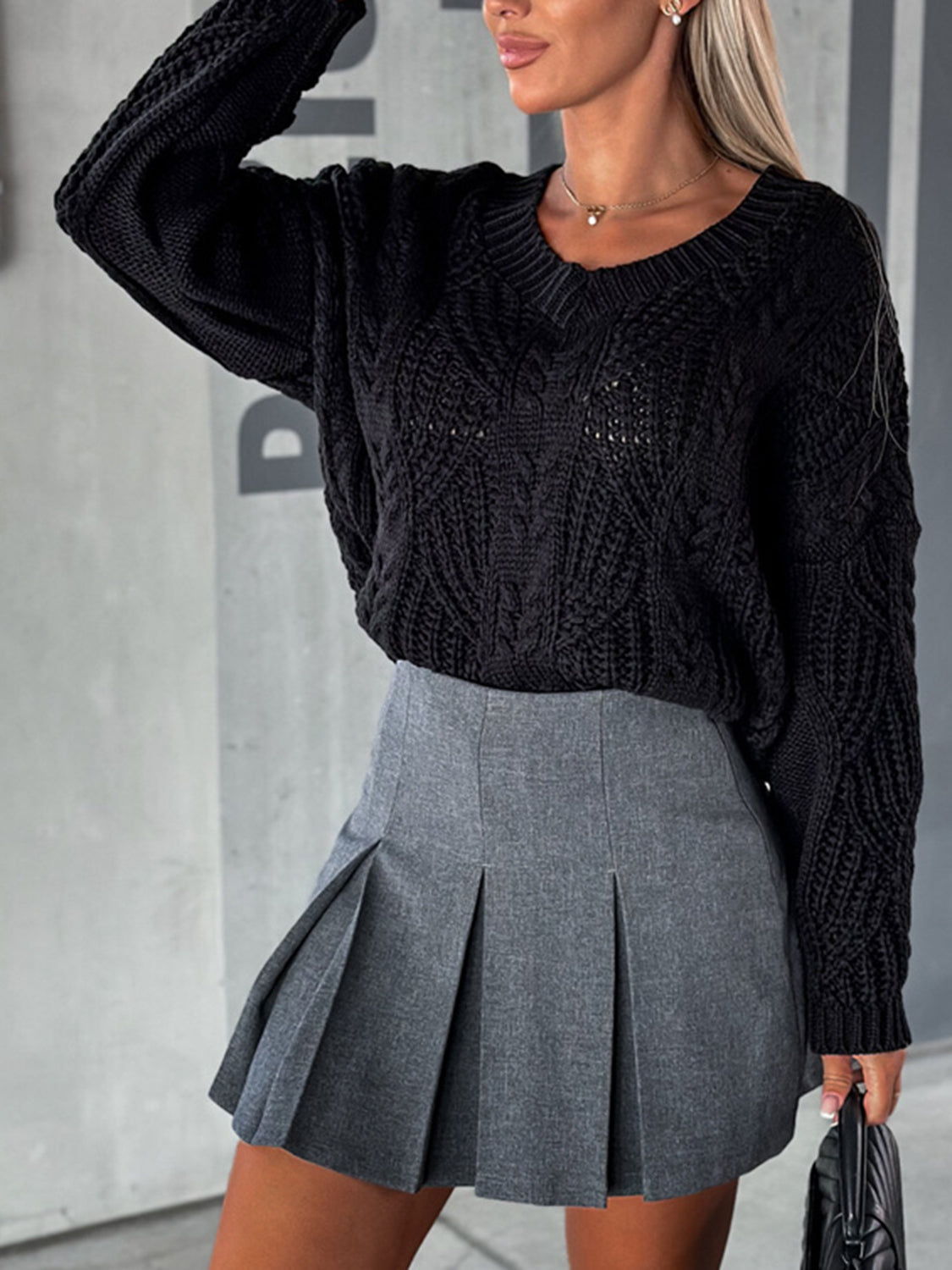 V-Neck Cable-Knit Long Sleeve Sweater Black OutfitFlow