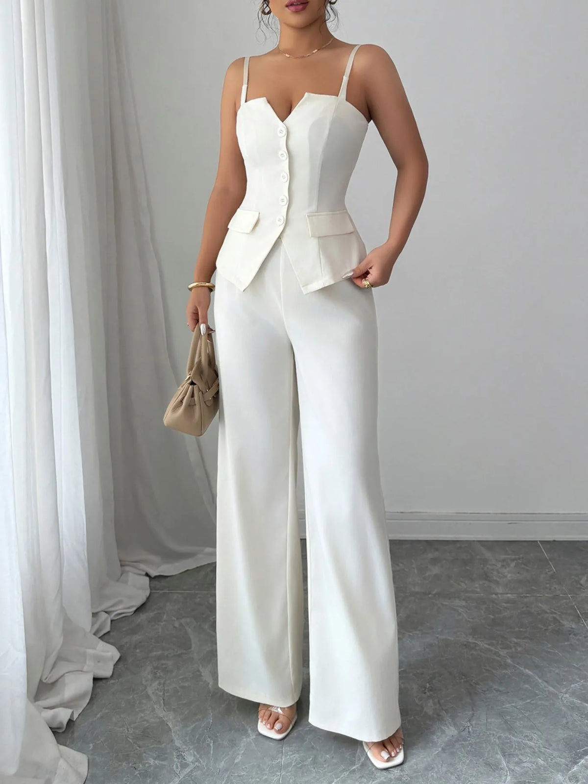 Button Front Cami and Pants Set Beige OutfitFlow