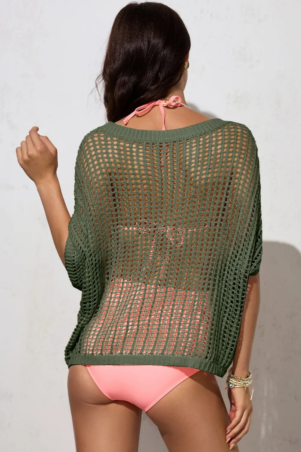 Openwork Round Neck Half Sleeve Knit Cover Up OutfitFlow