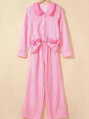 Stripe Buttoned Front Long Sleeve Top and Pants 2 Piece Sleepwear OutfitFlow