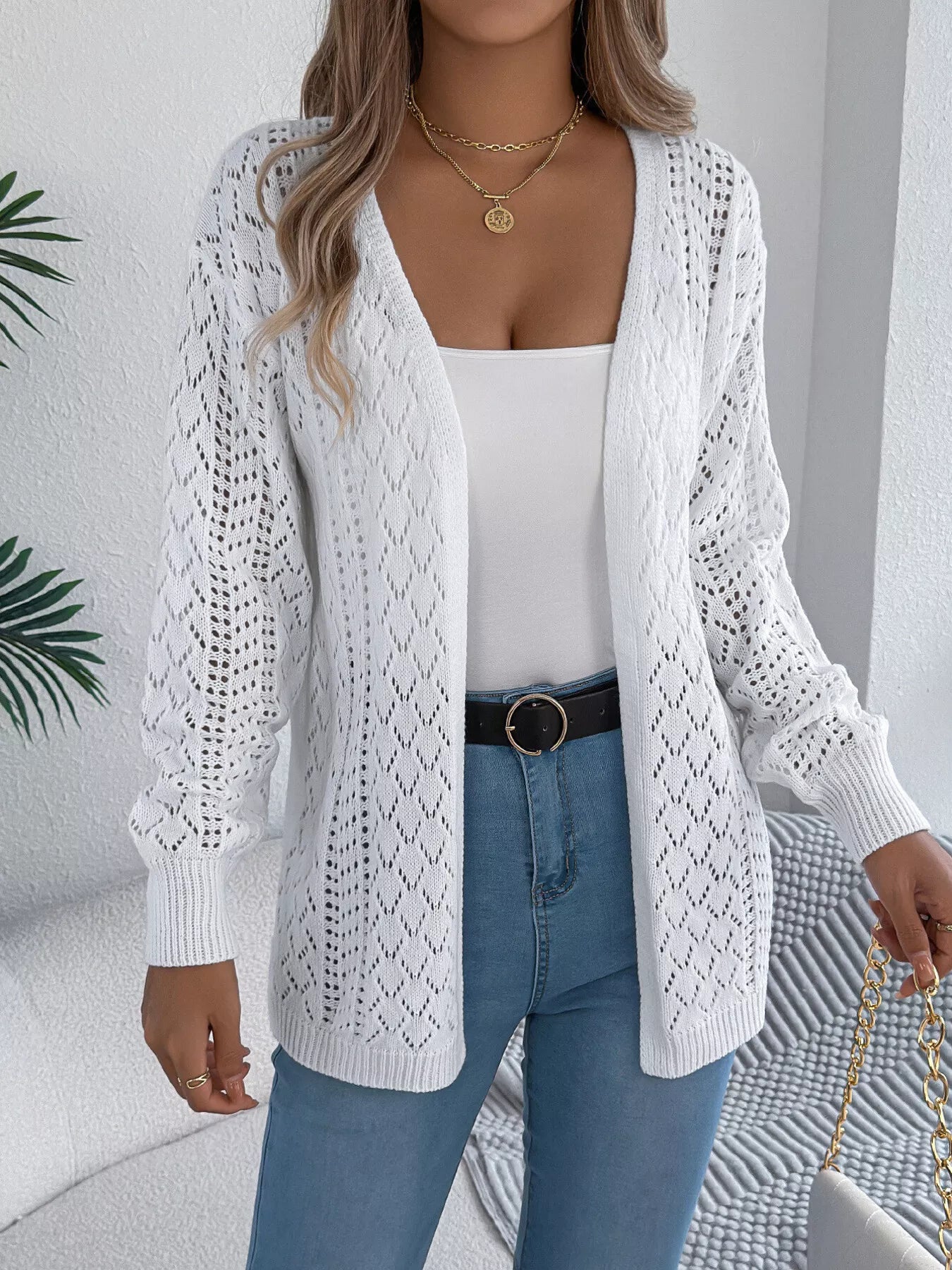 Openwork Open-Front Long Sleeve Cardigan OutfitFlow