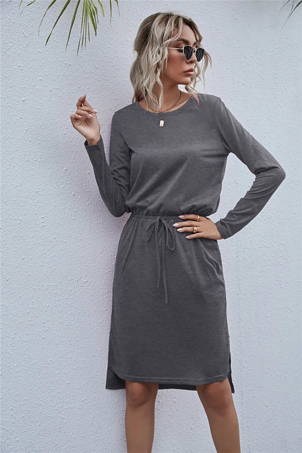 Drawstring Waist Round Neck Long Sleeve Dress OutfitFlow