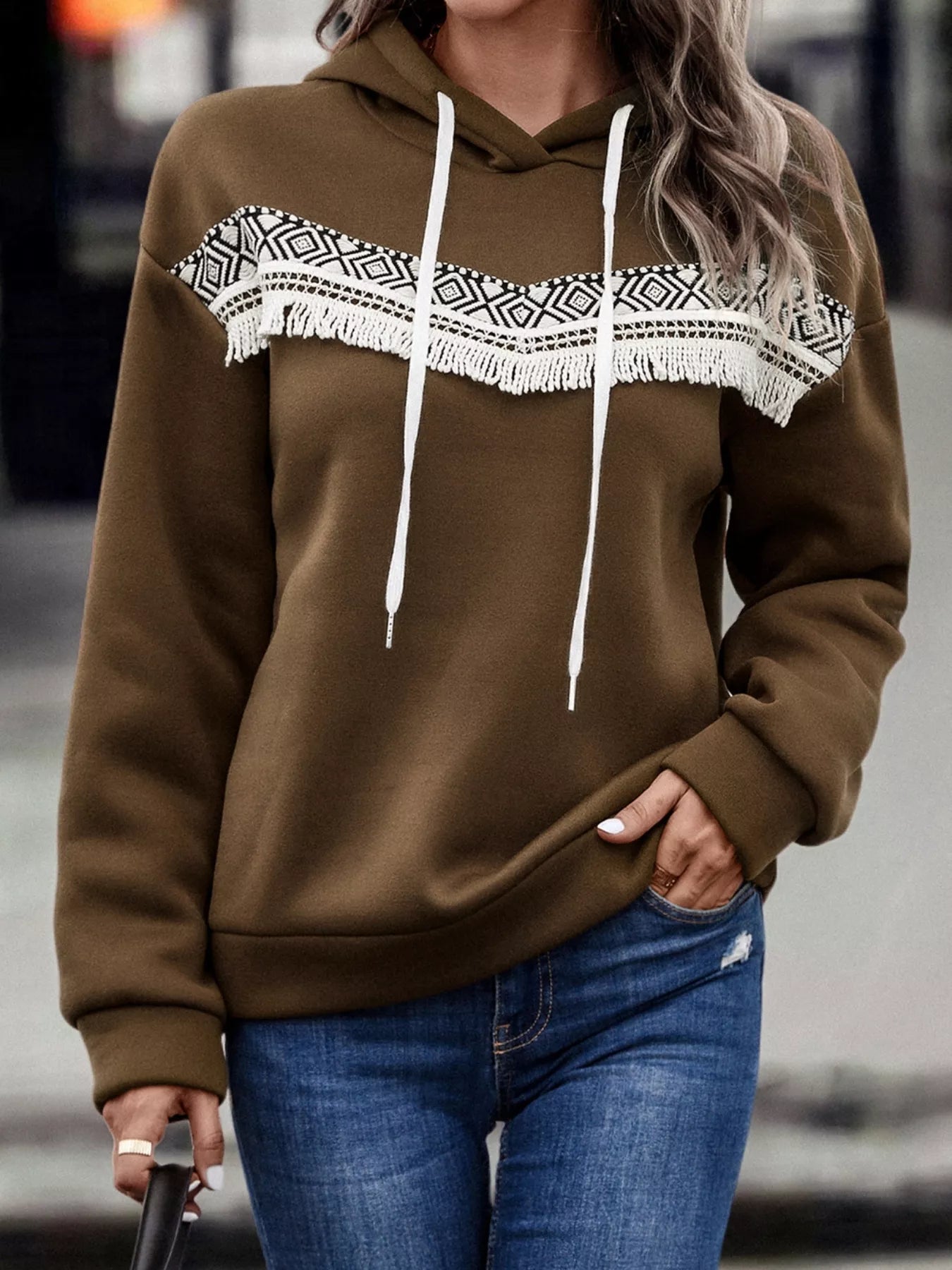 Fringe Detail Long Sleeve Drawstring Hoodie OutfitFlow