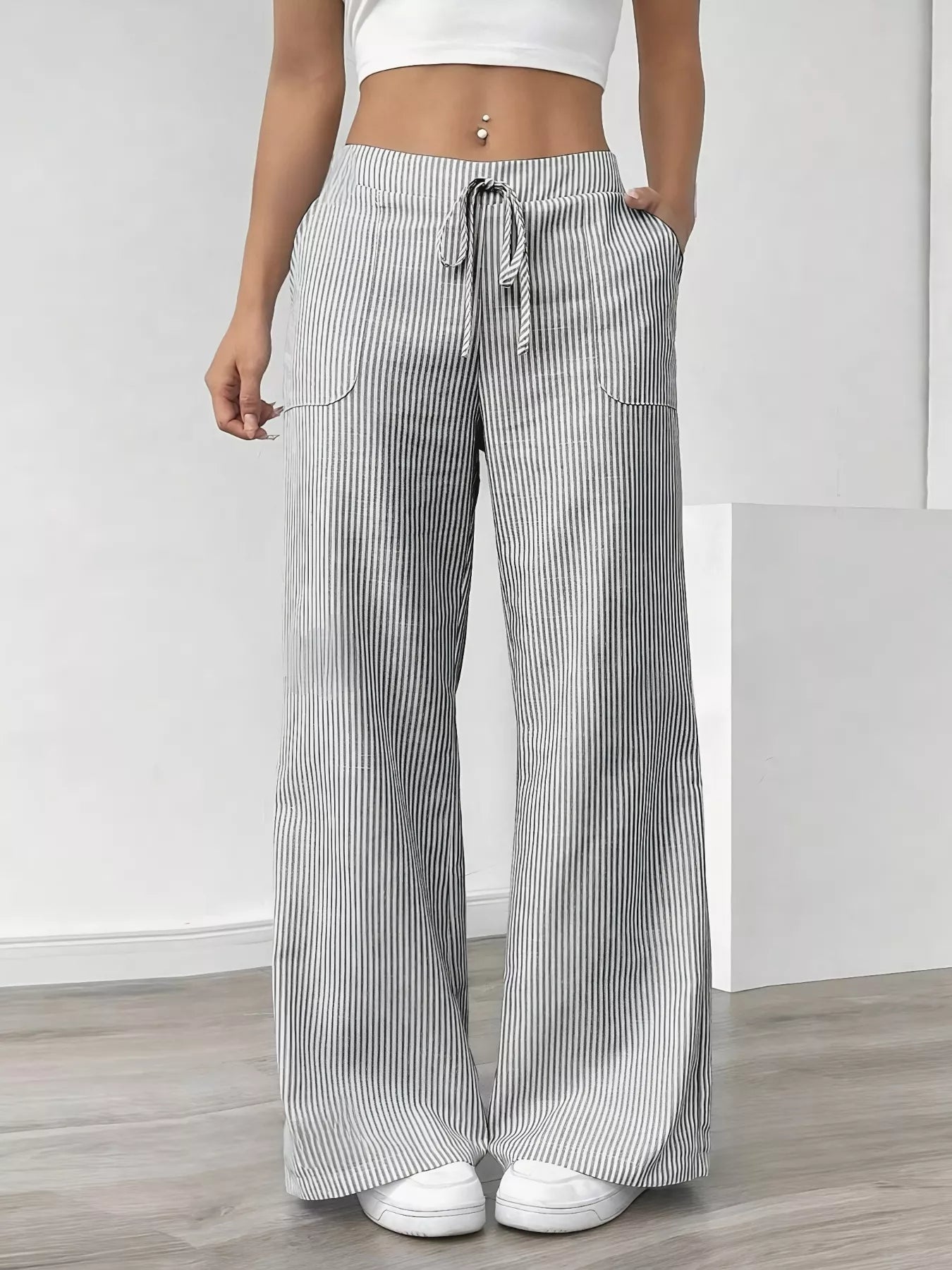 Striped Wide Leg Pants Gray OutfitFlow