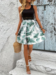 Tropical Print Sleeveless Summer Dress with Lace Waist Detail OutfitFlow