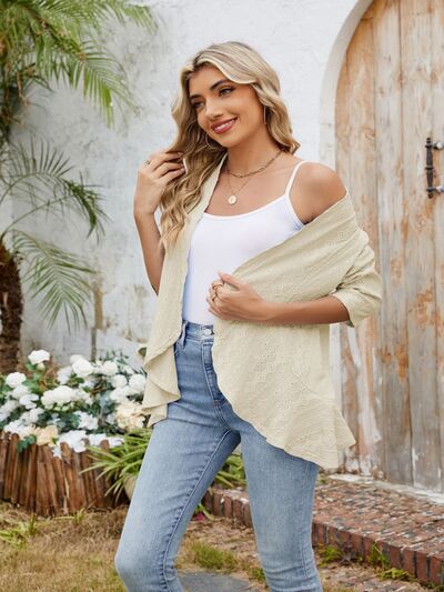 Eyelet Open Front Three-Quarter Sleeve Top OutfitFlow