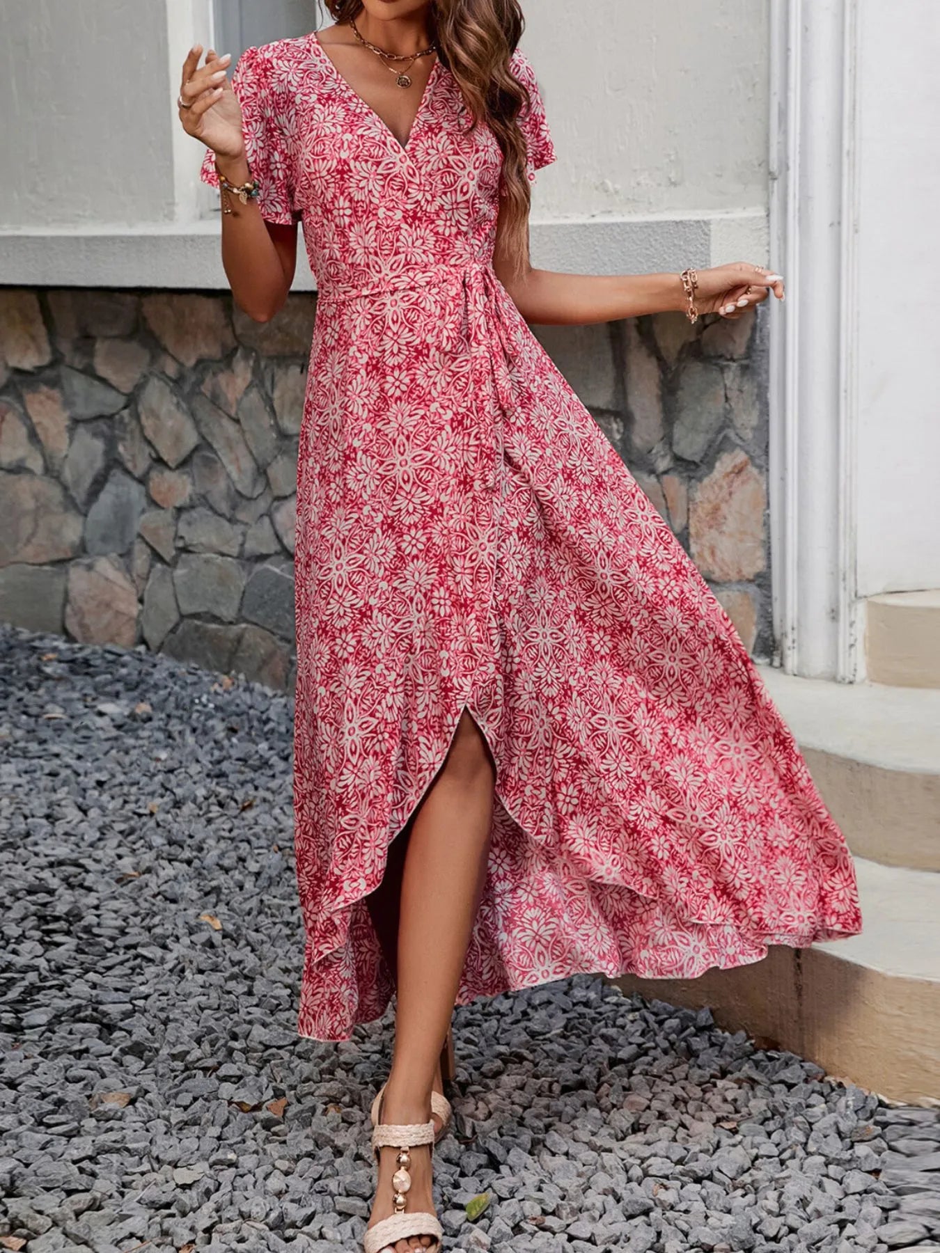 Printed Surplice Maxi Dress with Flutter Sleeves Red OutfitFlow