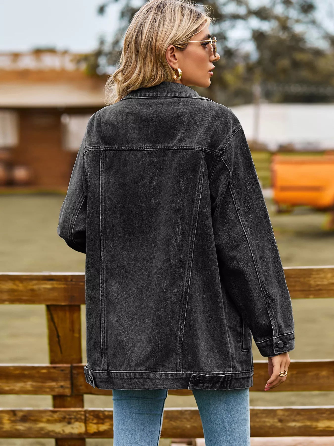 Button Up Long Sleeve Denim Jacket OutfitFlow
