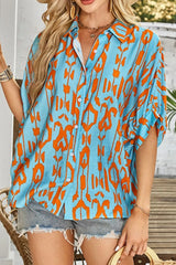 Abstract Print Dolman Short Sleeve Western Loose Shirt Teal OutfitFlow