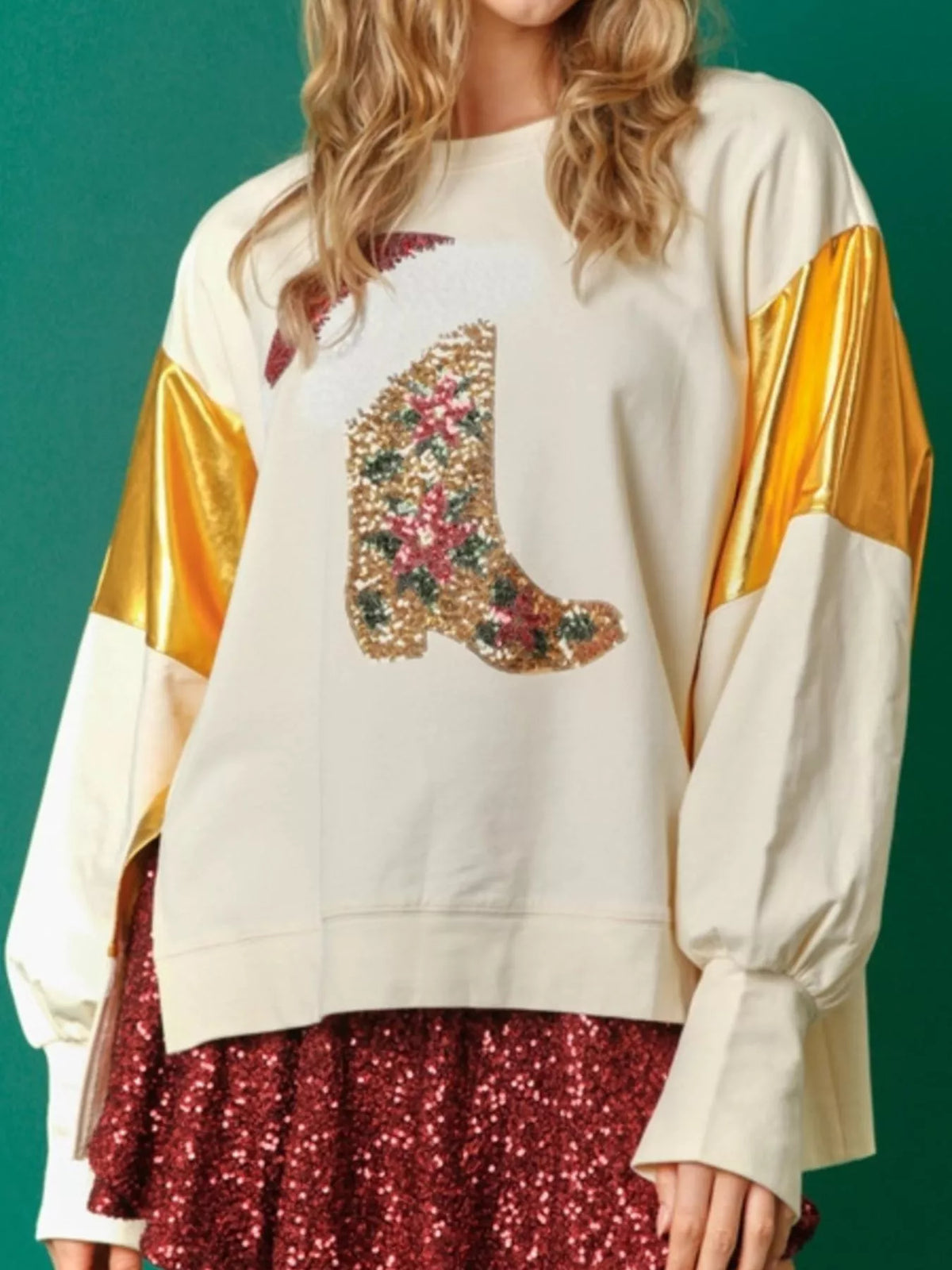 Christmas Sequin Boot Long Sleeve Sweatshirt Apricot OutfitFlow