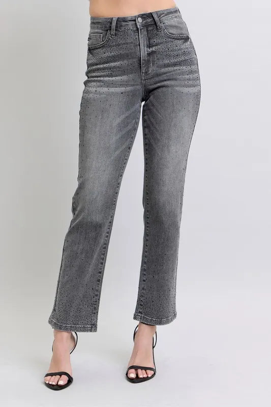 Judy Blue Full Size High Waist Rhinestone Straight Jeans Plus Size OutfitFlow
