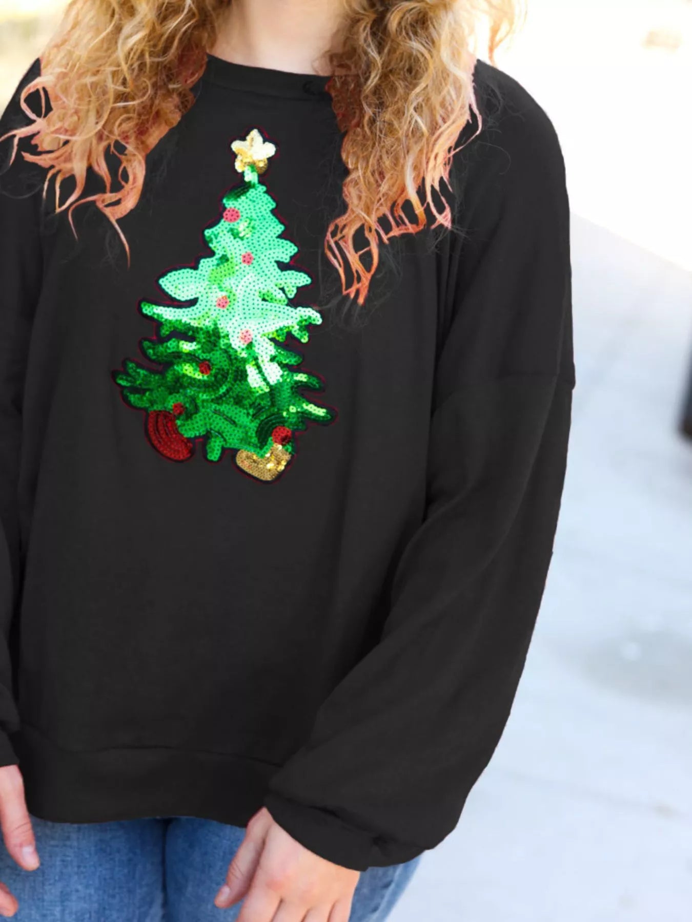 Christmas Tree Sequin Long Sleeve Sweatshirt OutfitFlow