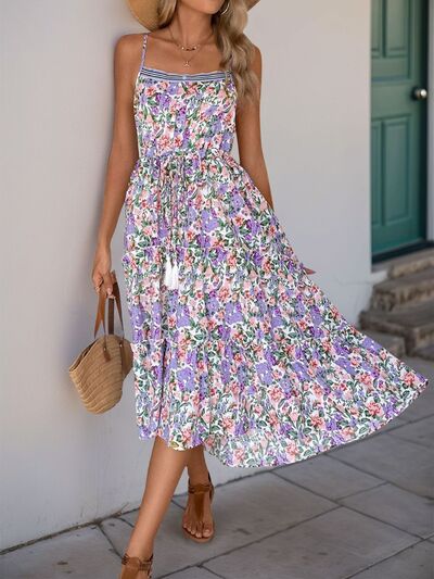 Perfee Decor Button Printed Sleeveless Tiered Midi Dress OutfitFlow