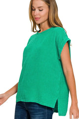 Zenana Woven Double Gauze Acid Washed Short Sleeve Top OutfitFlow