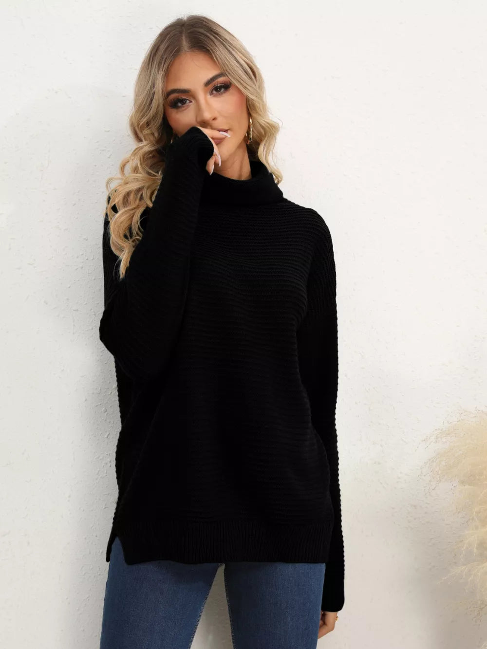 Slit Turtleneck Dropped Shoulder Sweater Trendsi