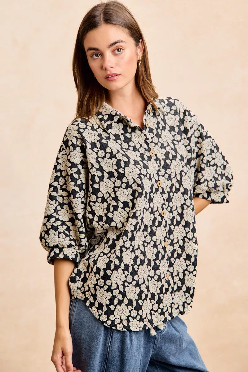 BiBi Floral Jacquard Short Dolman Sleeves Shirt OutfitFlow