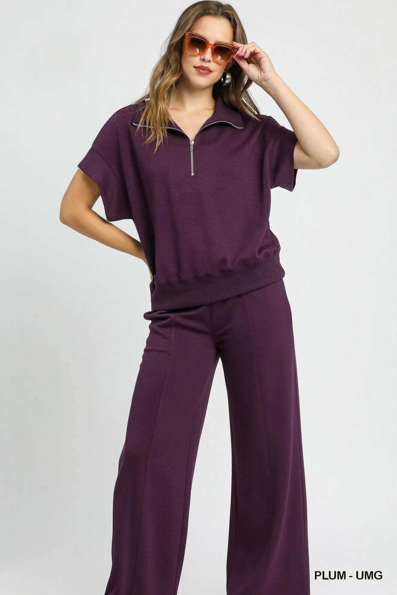 Umgee Full Size Half-Zip Short Sleeve Top Plus Size OutfitFlow