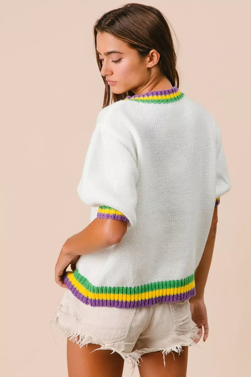 BiBi Short Puff Sleeve Ribbon Bow Mardi Gras Sweater OutfitFlow