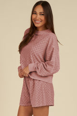 Outfit Flow - Round Neck Long Sleeve Checkered Top and Shorts Set